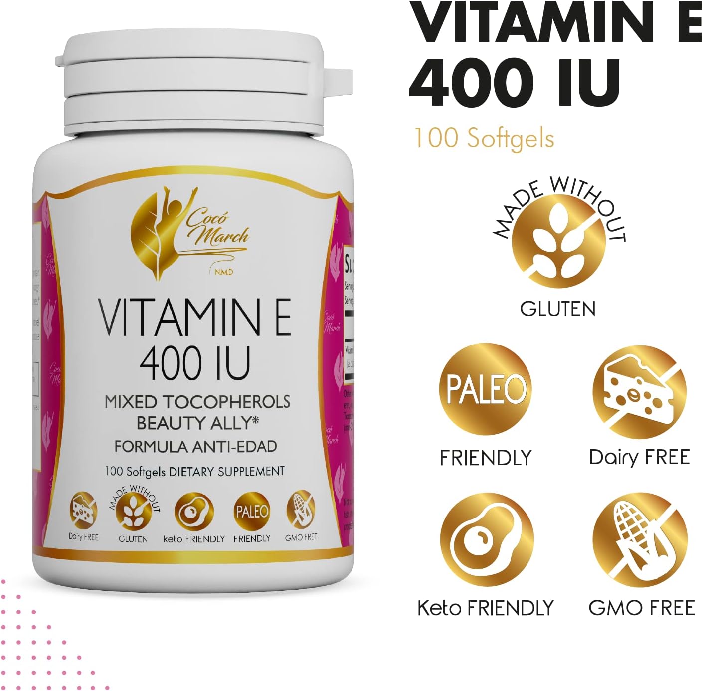 Cocó March Natural Vitamin E 400 IU Softgels - Mixed Tocopherols, Beauty Support - 3 Month Supply, Gluten-Free, Paleo, Dairy-Free, Keto - 100 Softgels