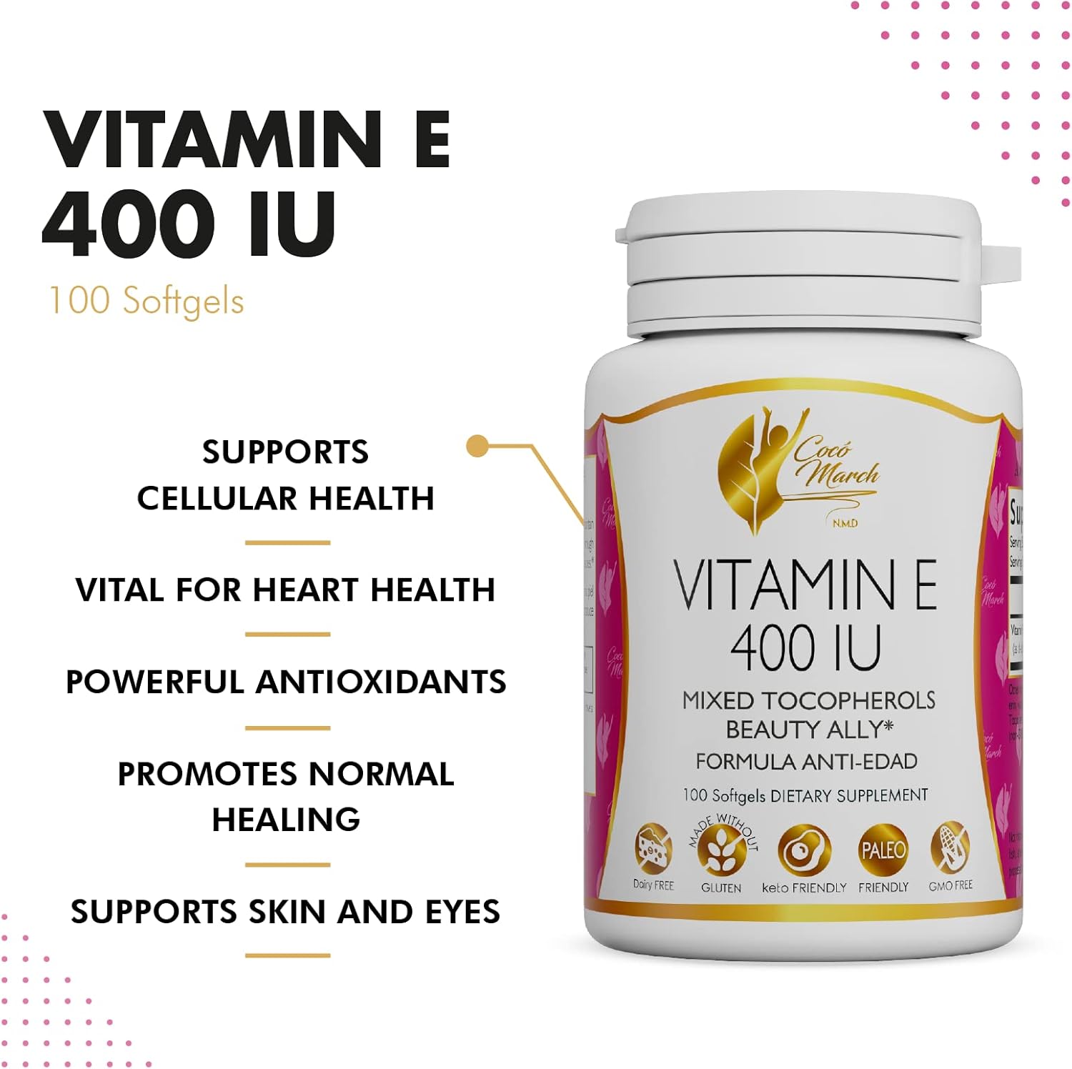Cocó March Natural Vitamin E 400 IU Softgels - Mixed Tocopherols, Beauty Support - 3 Month Supply, Gluten-Free, Paleo, Dairy-Free, Keto - 100 Softgels
