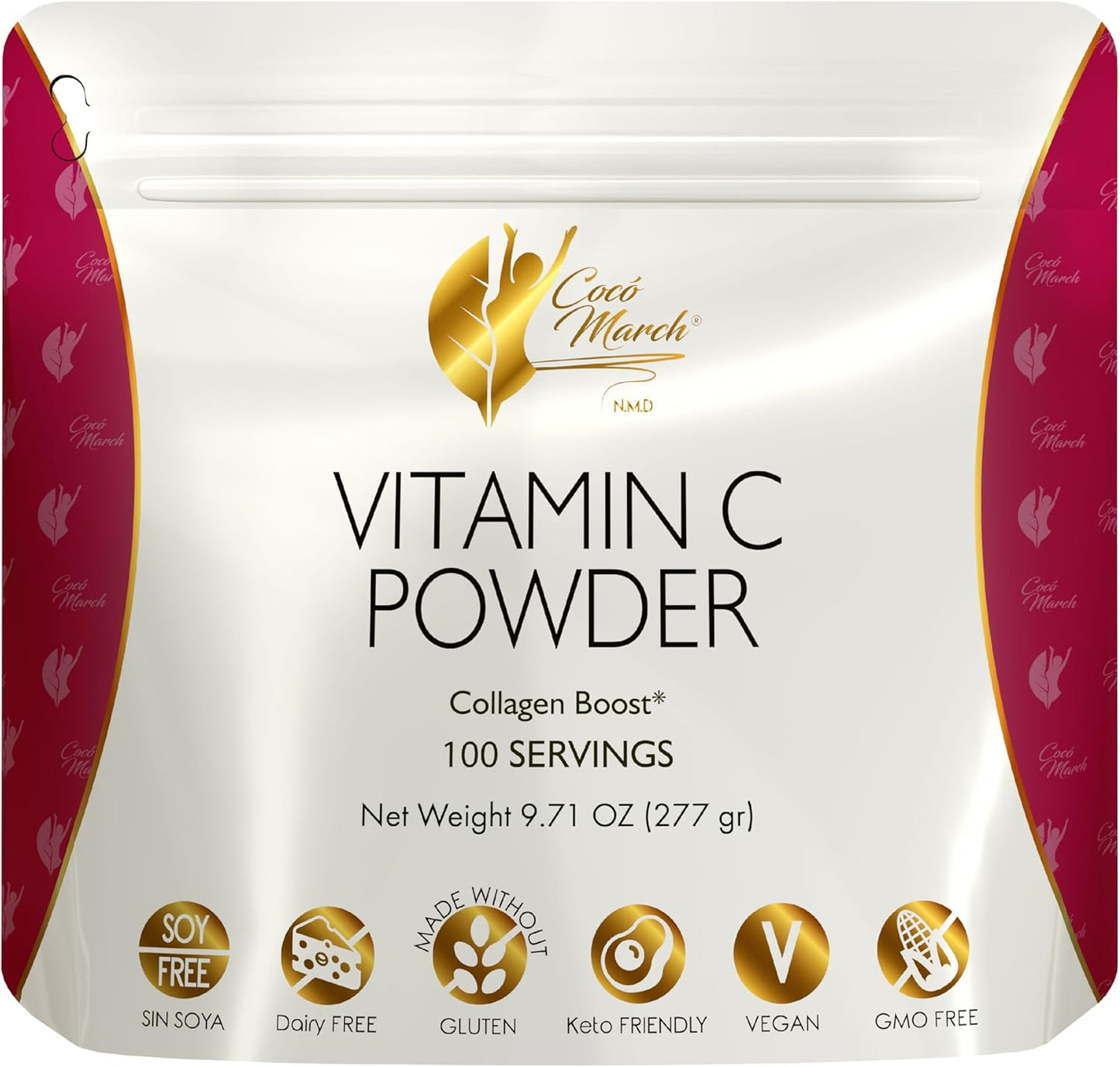 Cocó March N.M.D 1000 mg Vitamin C Powder - Collagen & Immune Support, Zinc, Bromelain, Quercetin, L-Lysine - Gluten/Dairy/Soy Free, Vegan & Keto Friendly - 10 oz.