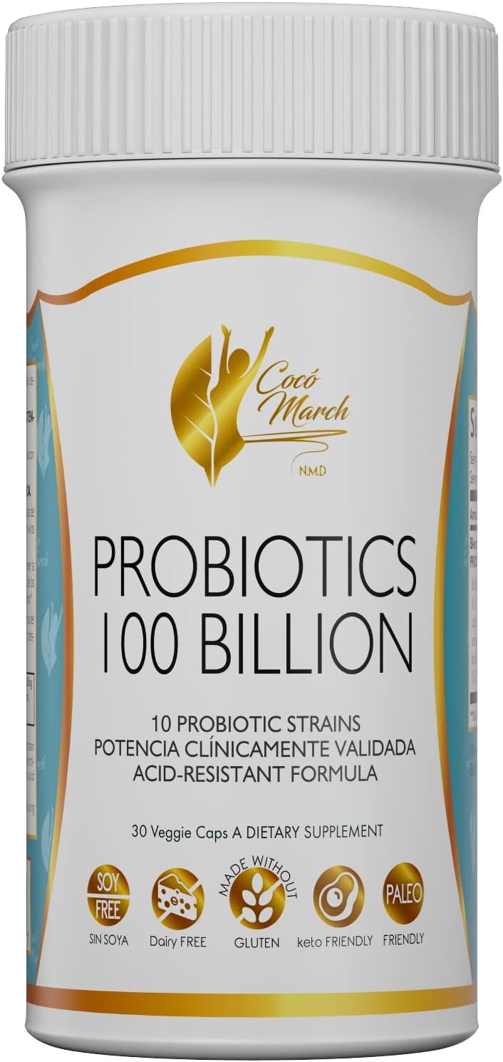 Cocó March N.M.D Coco March Probiotic 100 Billion - High Potency Acid-Resistant Formula with 10 Probiotic Strains for Adults & Children - Gluten, Dairy, Soy Free - Keto & Paleo Friendly - 30 Capsules