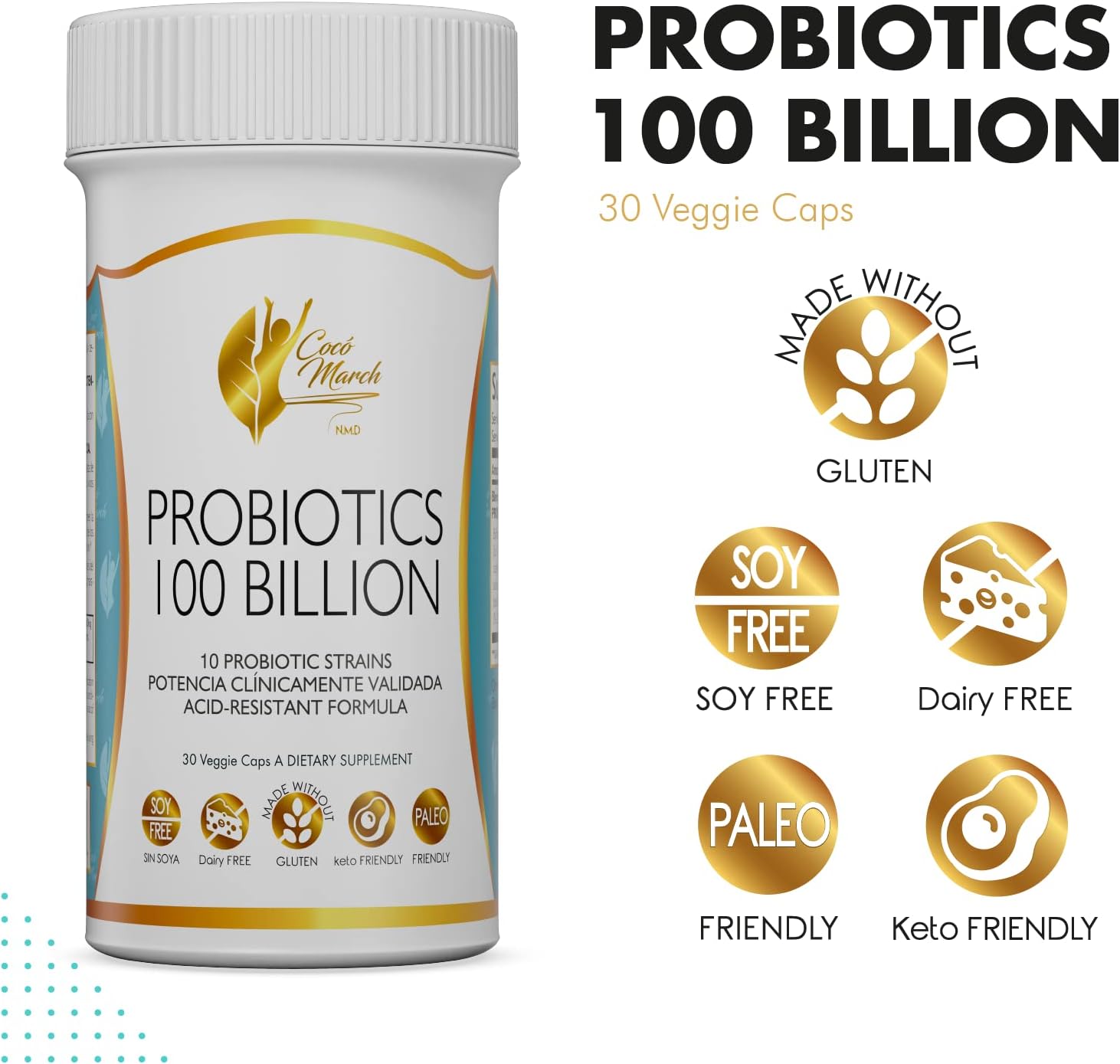 Cocó March N.M.D Coco March Probiotic 100 Billion - High Potency Acid-Resistant Formula with 10 Probiotic Strains for Adults & Children - Gluten, Dairy, Soy Free - Keto & Paleo Friendly - 30 Capsules