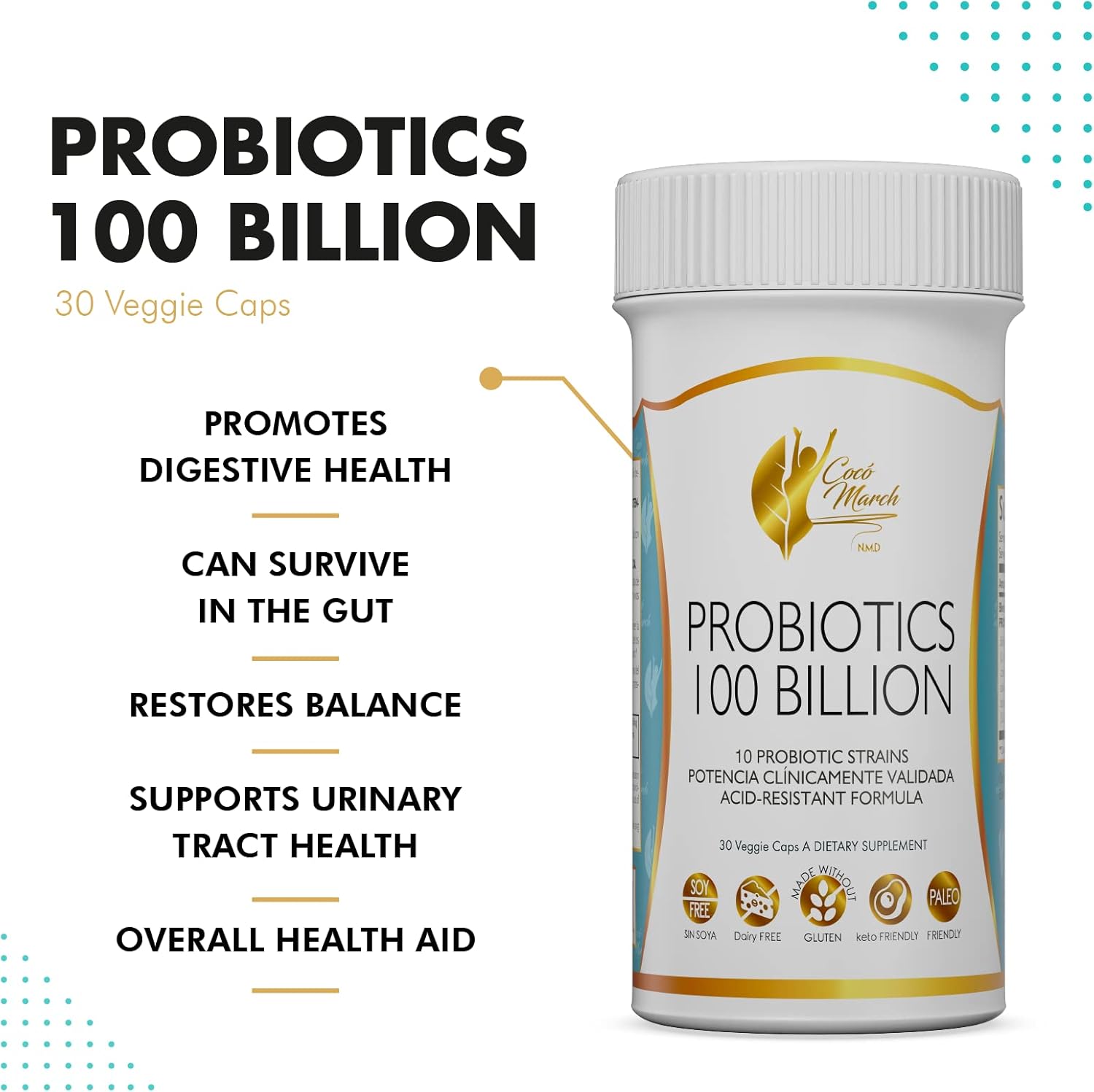 Cocó March N.M.D Coco March Probiotic 100 Billion - High Potency Acid-Resistant Formula with 10 Probiotic Strains for Adults & Children - Gluten, Dairy, Soy Free - Keto & Paleo Friendly - 30 Capsules