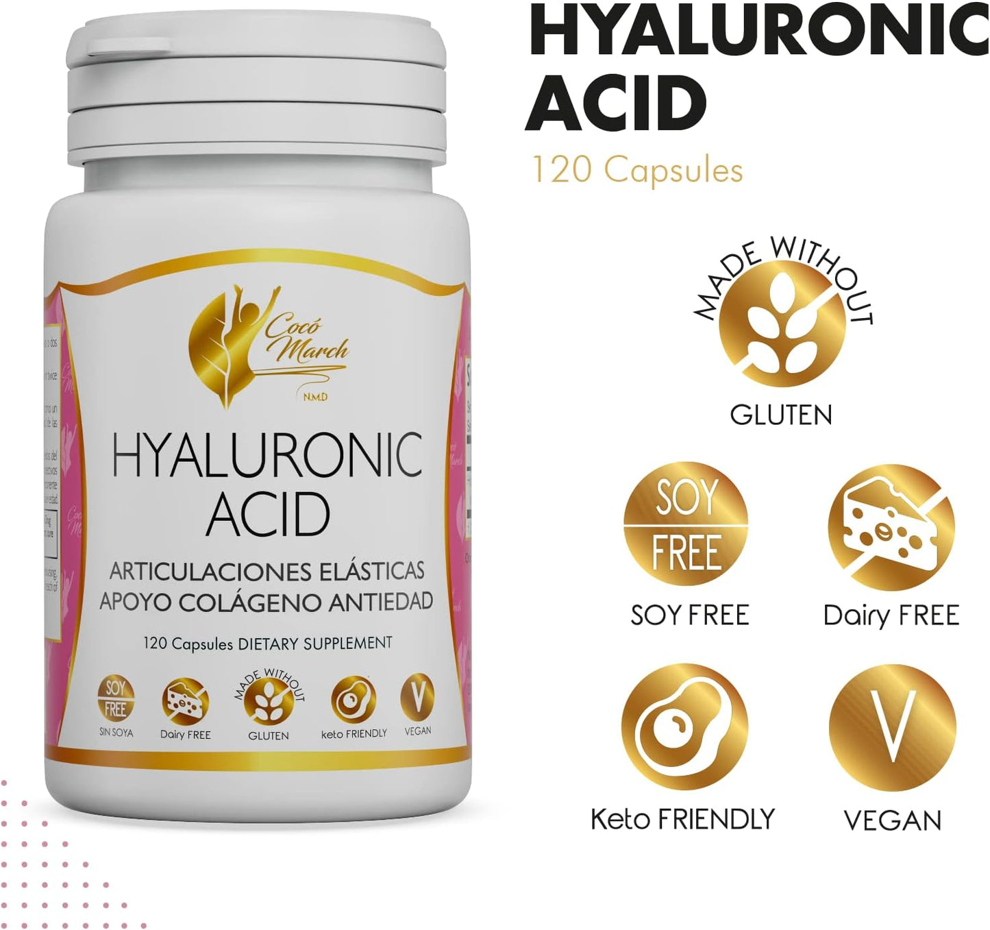 Cocó March N.M.D Hyaluronic Acid Low Molecular Weight Supplement - Boost Collagen, Joint, Skin, & Cell Health - Gluten, Soy, Dairy Free - Keto & Vegan - 4 Month Supply