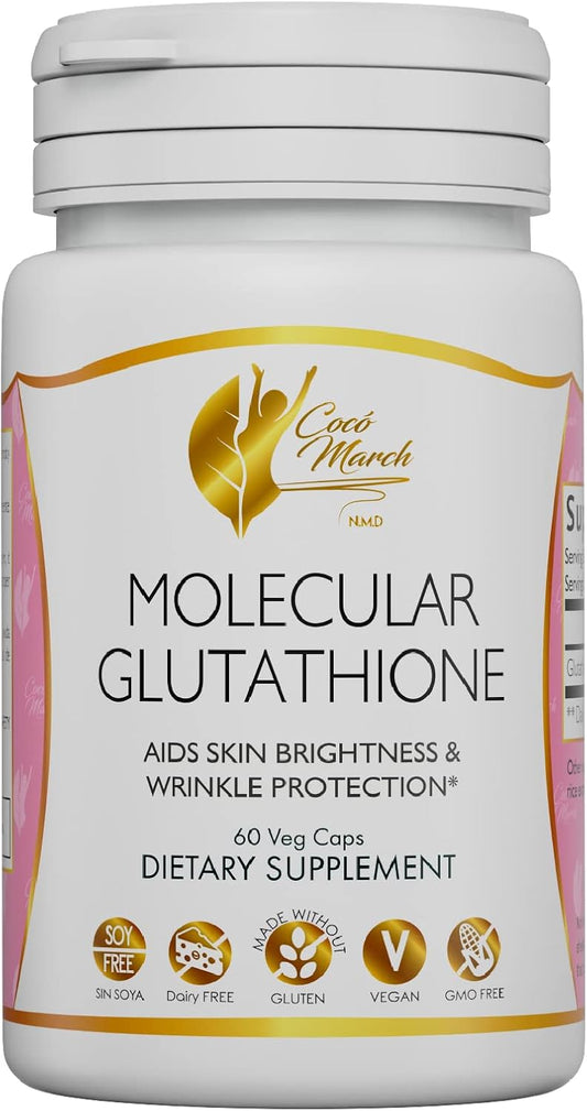 Cocó March N.M.D Molecular Glutathione 500mg - Skin Antioxidant Supplement, Vegan & Gluten-Free, 60 Veg Capsules