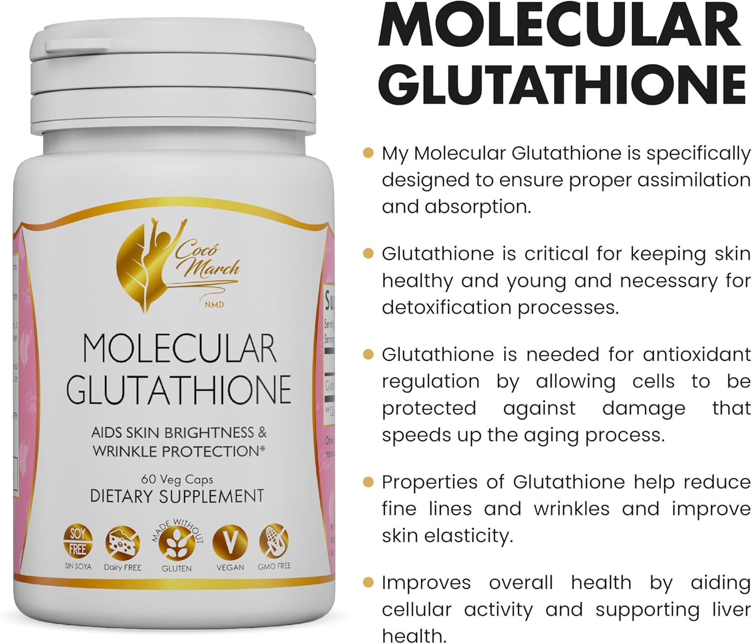Cocó March N.M.D Molecular Glutathione 500mg - Skin Antioxidant Supplement, Vegan & Gluten-Free, 60 Veg Capsules