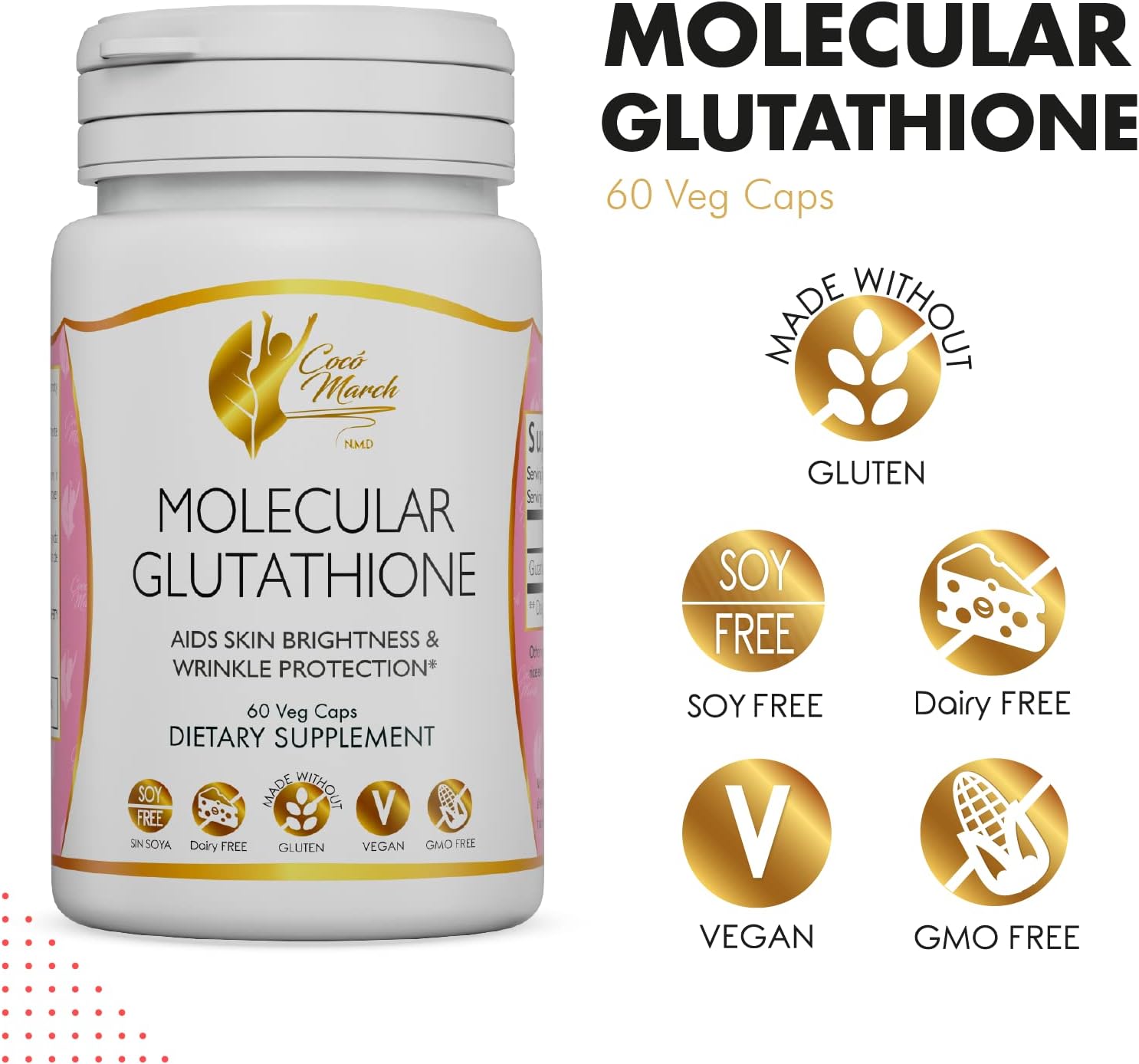 Cocó March N.M.D Molecular Glutathione 500mg - Skin Antioxidant Supplement, Vegan & Gluten-Free, 60 Veg Capsules