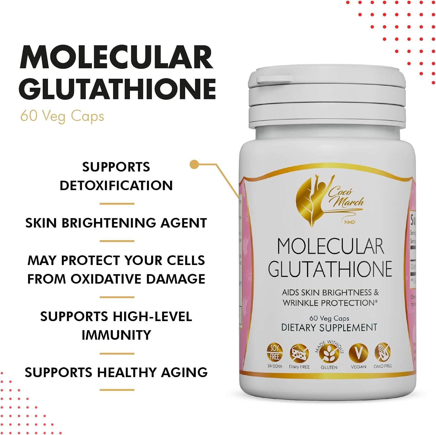 Cocó March N.M.D Molecular Glutathione 500mg - Skin Antioxidant Supplement, Vegan & Gluten-Free, 60 Veg Capsules