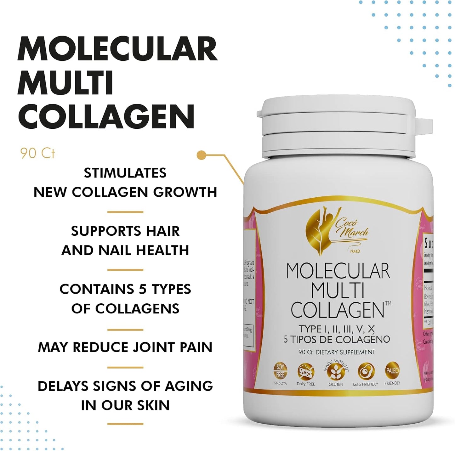 Cocó March N.M.D Molecular Multi-Collagen - Low Molecular Weight Collagen Capsules for Joints, Skin, Nails, Hair - Gluten, Soy, Dairy Free - Keto, Paleo Friendly