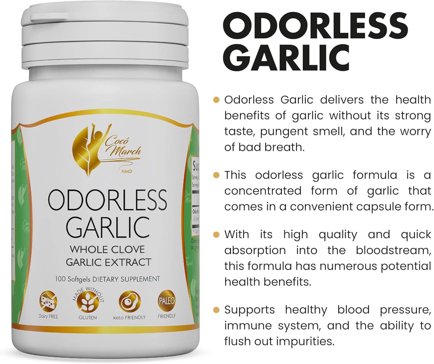 Cocó March N.M.D Odorless Garlic Oil - Immune & Microbiome Support, Gluten-Free, Dairy-Free, Paleo & Keto Friendly - 50 Servings