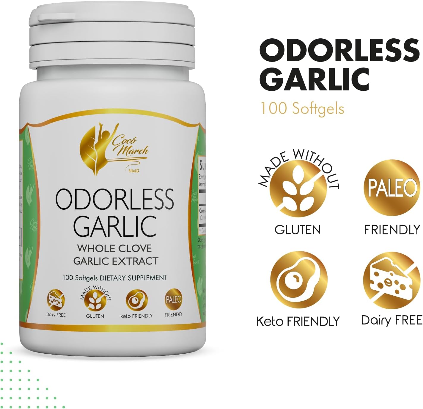 Cocó March N.M.D Odorless Garlic Oil - Immune & Microbiome Support, Gluten-Free, Dairy-Free, Paleo & Keto Friendly - 50 Servings