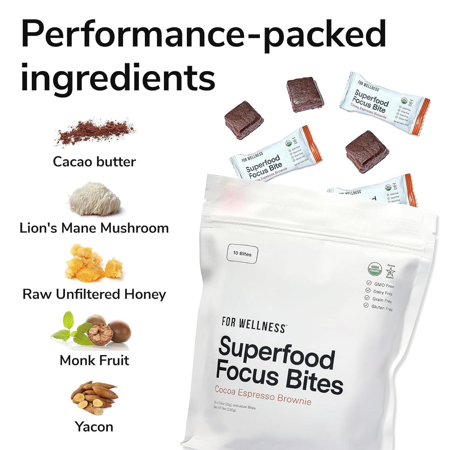 Cocoa Espresso Brownie Wellness Bites: 10 Count for Reduced Fatigue, Improved Digestion, and Brain Function Support