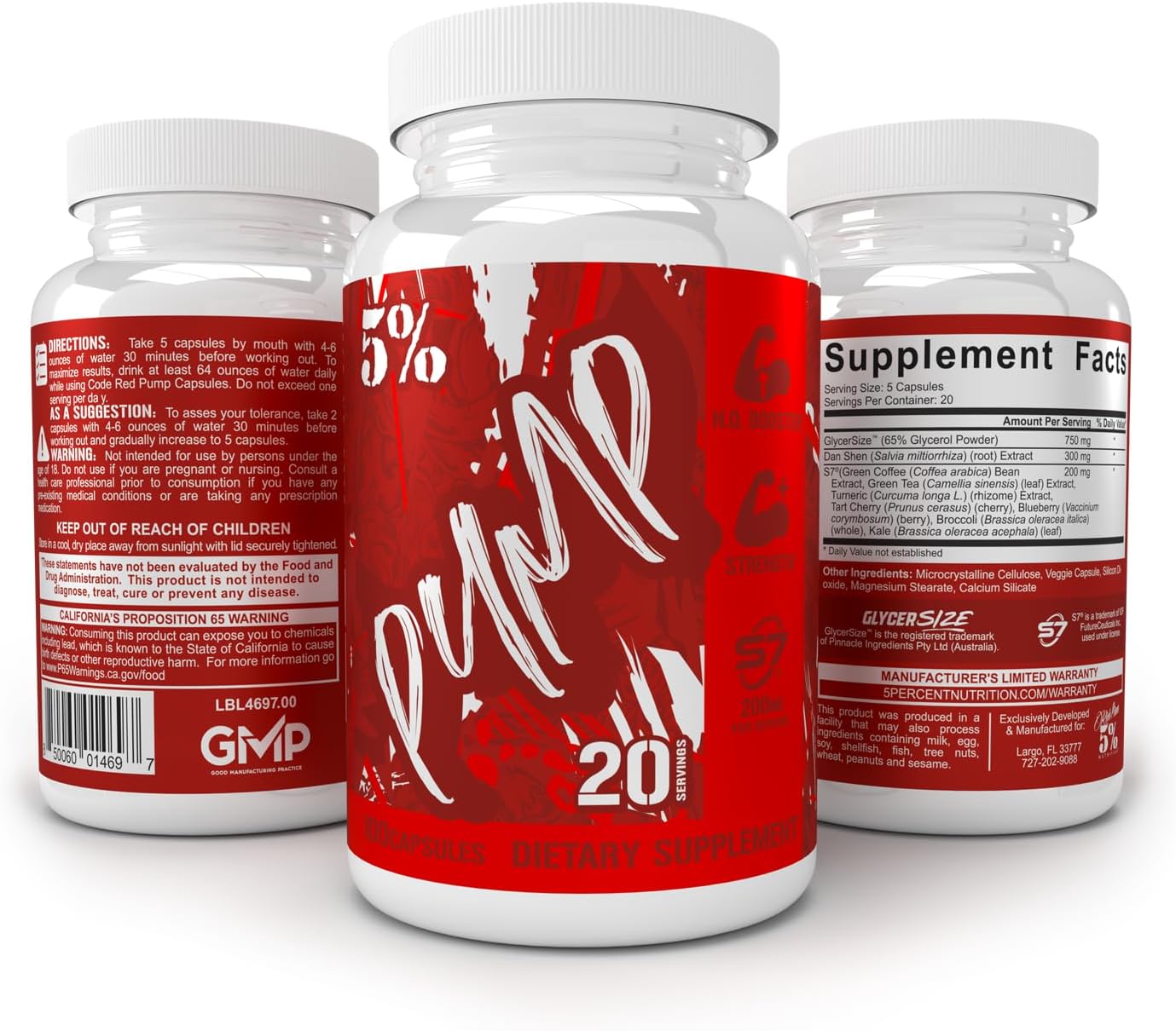 Code Red Pump Caps - Nitric Oxide Booster Capsules with Glycersize, Dan Shen, S7 - 100 Count