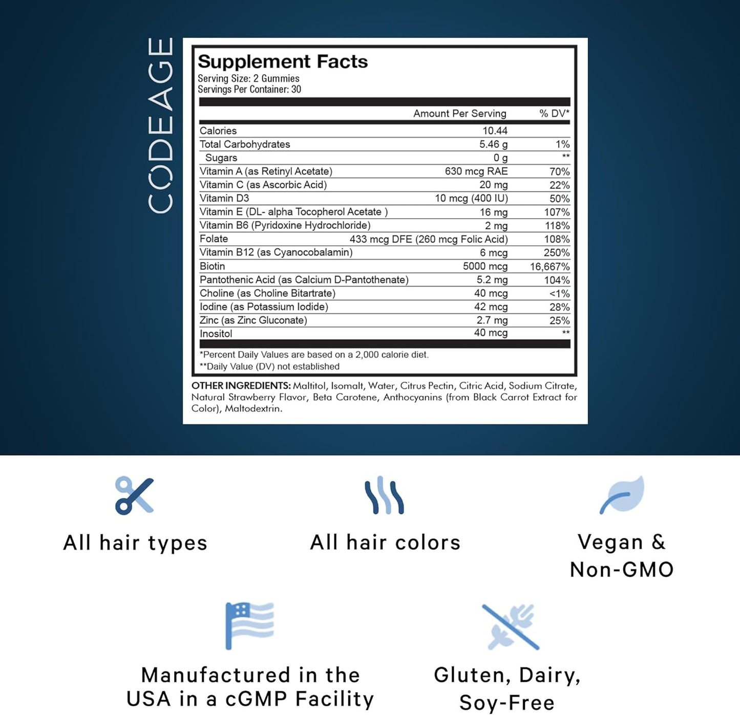 Codeage Biotin Hair Gummies 5000 mcg - Sugar Free Growth Vitamins for Men & Women with A, C, B6, B12, D3, Zinc, Inositol, Pantothenic Acid, Folic Acid - Supports Nails, Skin - Strawberry Coconut Flavor - 60 ct