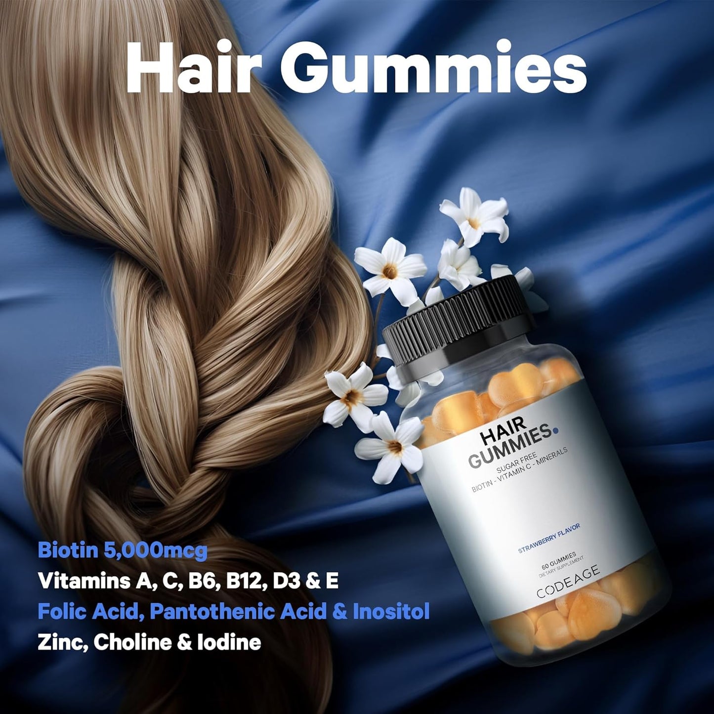 Codeage Biotin Hair Gummies 5000 mcg - Sugar Free Growth Vitamins for Men & Women with A, C, B6, B12, D3, Zinc, Inositol, Pantothenic Acid, Folic Acid - Supports Nails, Skin - Strawberry Coconut Flavor - 60 ct