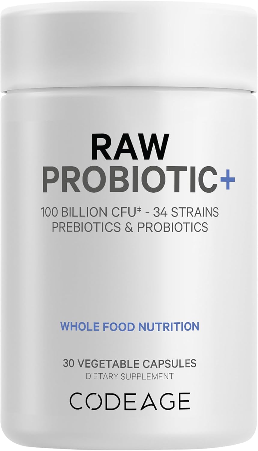 Codeage Raw Probiotic+ Supplement with 34 Probiotic Strains, 100 Billion CFUs, Digestive Enzymes, Prebiotics, Wild Kefir Culture - Non-GMO - 30 Capsules