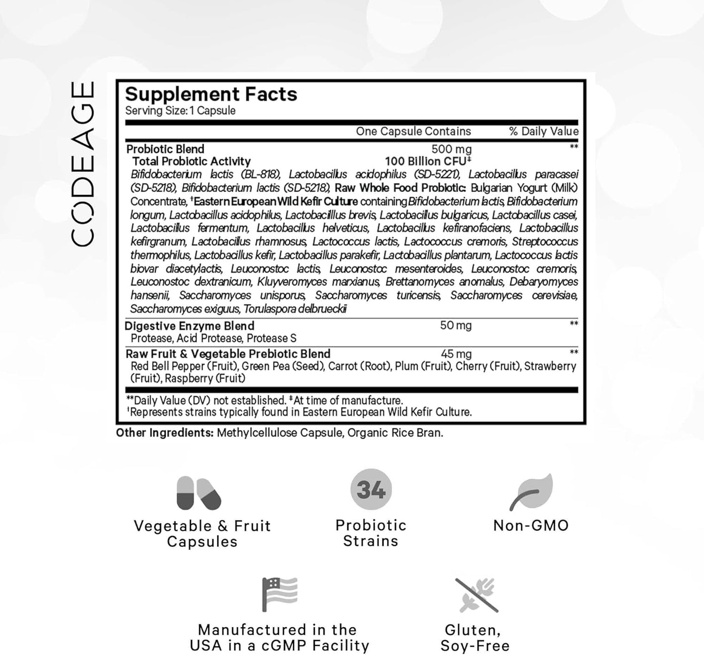 Codeage Raw Probiotic+ Supplement with 34 Probiotic Strains, 100 Billion CFUs, Digestive Enzymes, Prebiotics, Wild Kefir Culture - Non-GMO - 30 Capsules