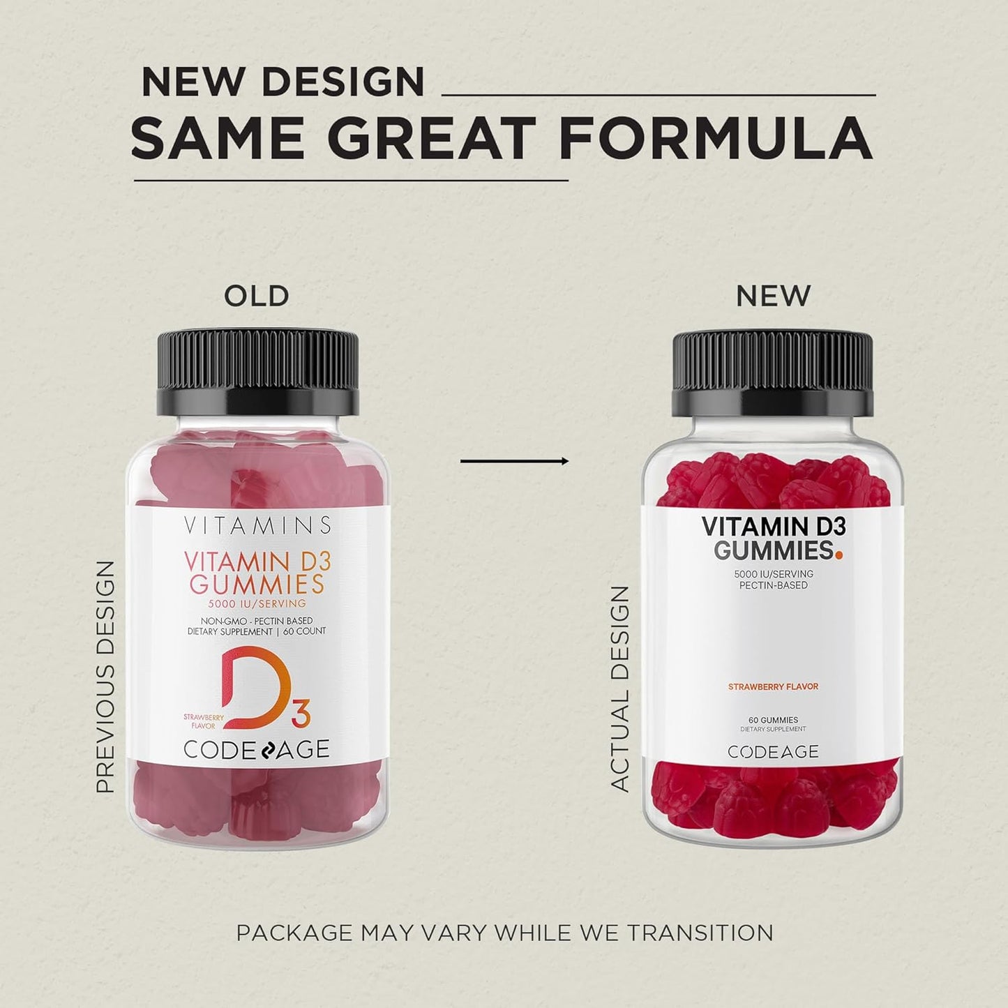 Codeage Vitamin D3 Gummies - High Potency Vitamin D3 Gummy Vitamins - 2-Month Supply - Strawberry Flavor - 60 Gummies