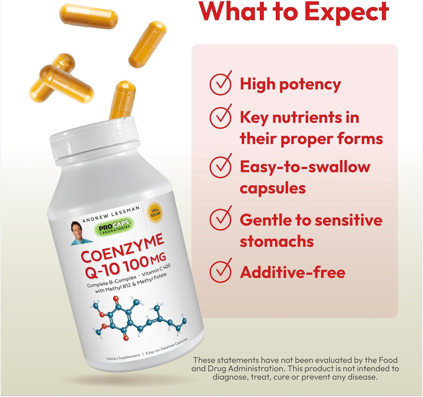 Coenzyme Q-10 100 mg Capsules - Supports Energy and Organ Function, Antioxidant, B-Complex, Easy to Swallow