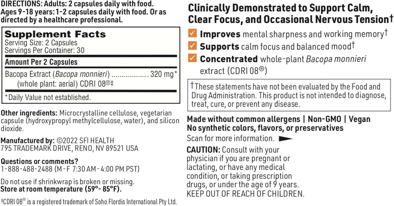 Cognitive Support Supplement with Bacopa Monnieri Extract for Memory - Gluten-Free & Hypoallergenic Capsules for Adults & Kids 7+