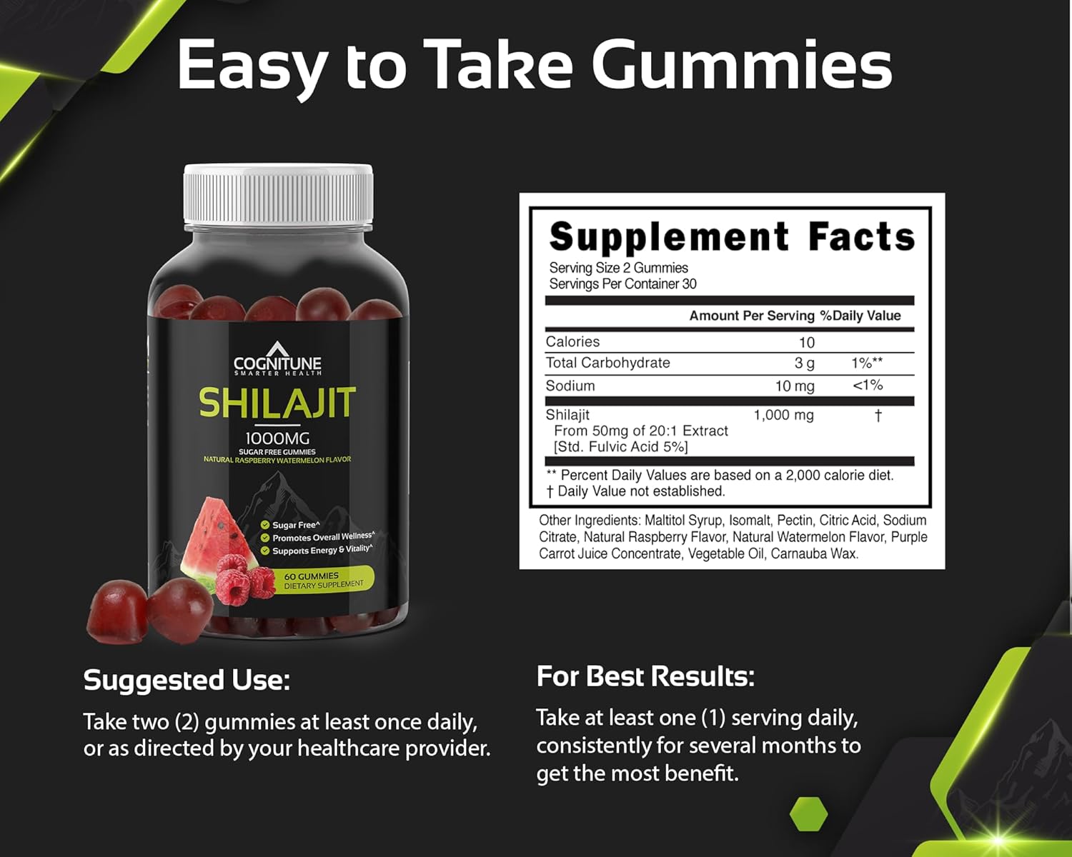 CogniTune Shilajit Gummies - 1,000mg Pure Shilajit Supplement, Natural Raspberry Watermelon Flavor, Mineral-Rich, Energy Boost & Wellness