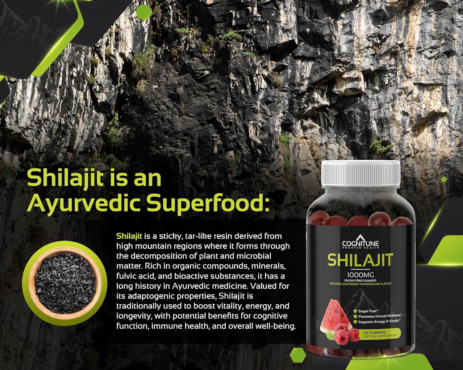 CogniTune Shilajit Gummies - 1,000mg Pure Shilajit Supplement, Natural Raspberry Watermelon Flavor, Mineral-Rich, Energy Boost & Wellness