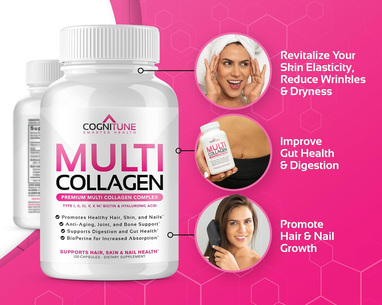 CogniTune Women's Multi Collagen Supplement with Hyaluronic Acid, Vitamin C, Biotin - 120 Capsules for Hair, Skin, Nails, Joints - Types I, II, III, V, X Peptides