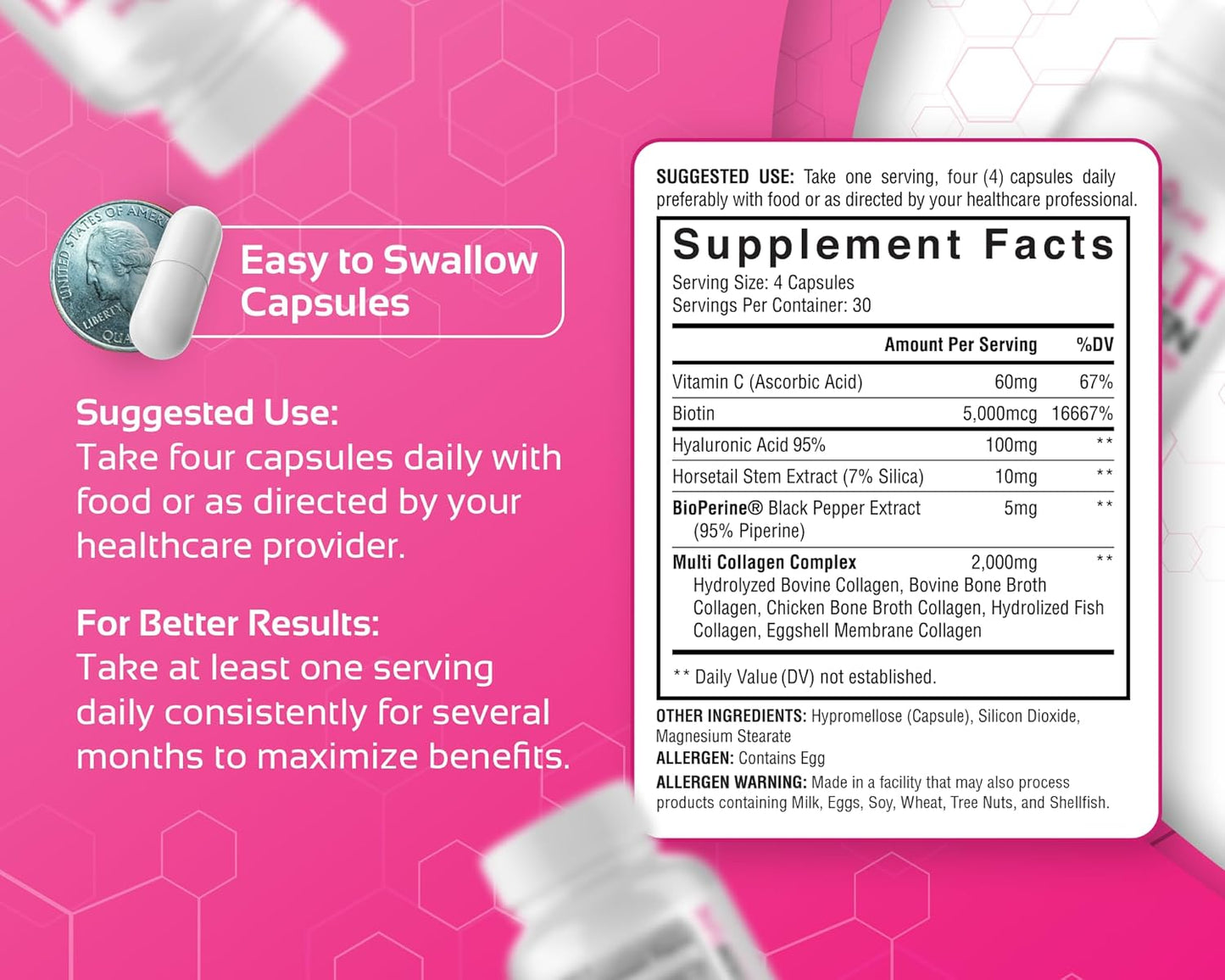 CogniTune Women's Multi Collagen Supplement with Hyaluronic Acid, Vitamin C, Biotin - 120 Capsules for Hair, Skin, Nails, Joints - Types I, II, III, V, X Peptides