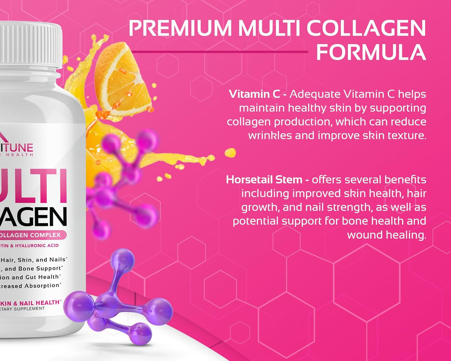CogniTune Women's Multi Collagen Supplement with Hyaluronic Acid, Vitamin C, Biotin - 120 Capsules for Hair, Skin, Nails, Joints - Types I, II, III, V, X Peptides