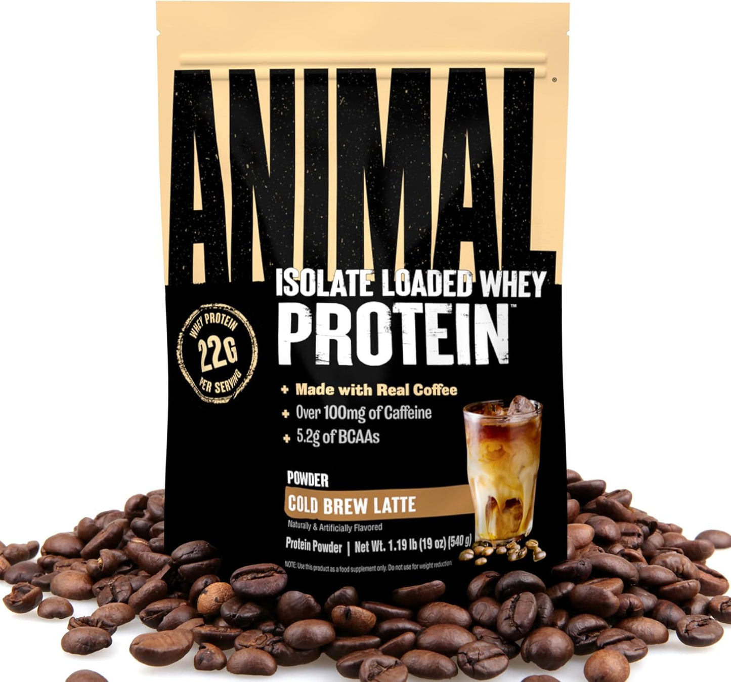 Cold Brew Latte Animal Whey Protein Coffee Powder - 22g Protein, 100mg Caffeine, BCAAs, Digestive Enzymes - Pre & Post Workout Muscle Builder Recovery for Men & Women - 1 lb