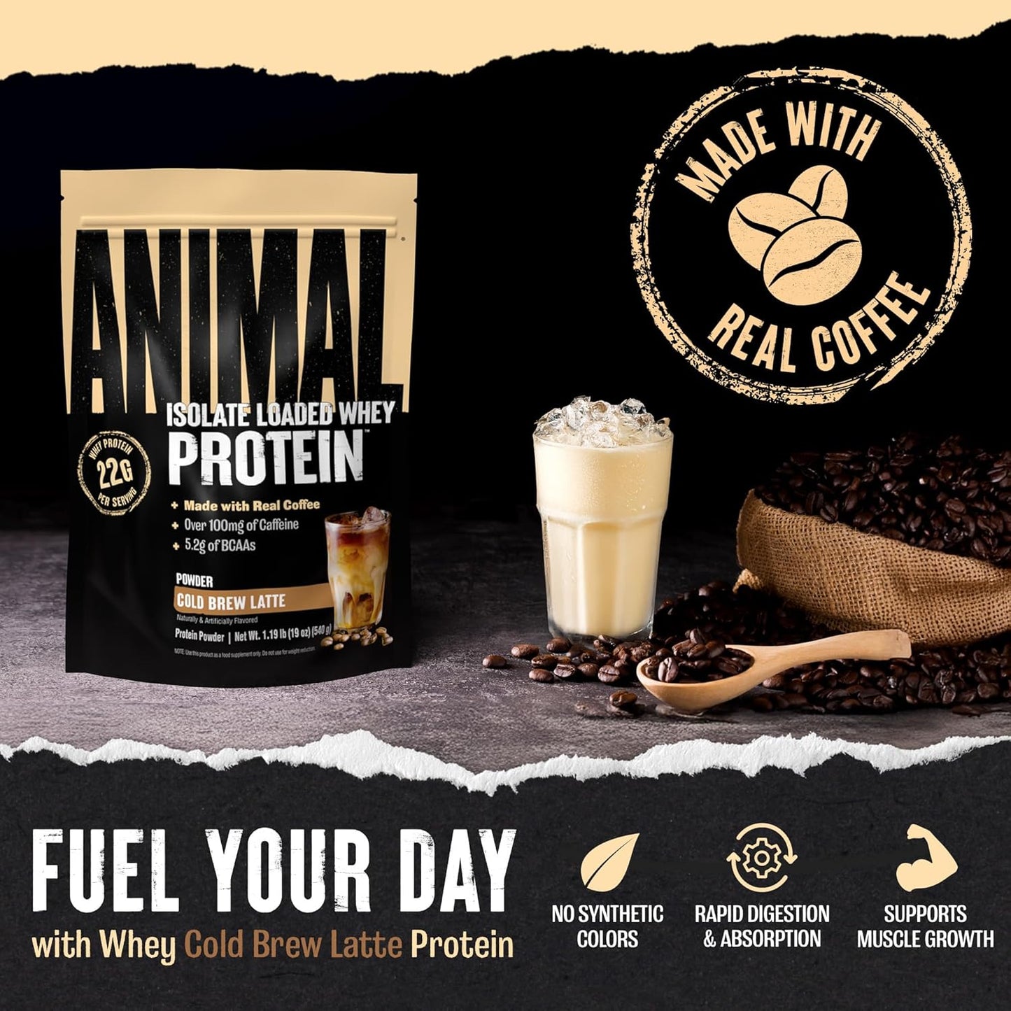Cold Brew Latte Animal Whey Protein Coffee Powder - 22g Protein, 100mg Caffeine, BCAAs, Digestive Enzymes - Pre & Post Workout Muscle Builder Recovery for Men & Women - 1 lb