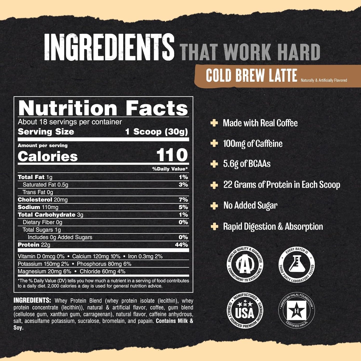 Cold Brew Latte Animal Whey Protein Coffee Powder - 22g Protein, 100mg Caffeine, BCAAs, Digestive Enzymes - Pre & Post Workout Muscle Builder Recovery for Men & Women - 1 lb