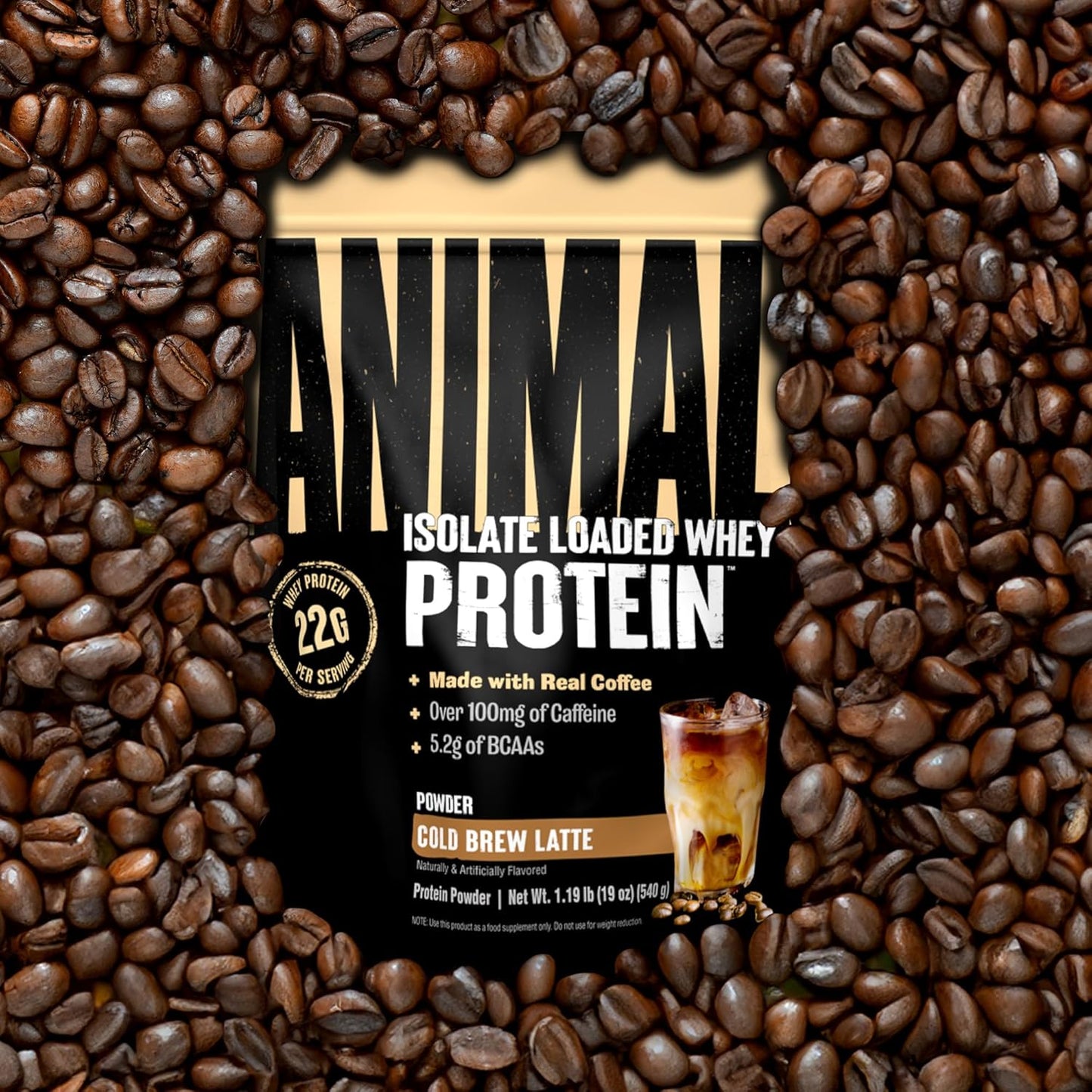 Cold Brew Latte Animal Whey Protein Coffee Powder - 22g Protein, 100mg Caffeine, BCAAs, Digestive Enzymes - Pre & Post Workout Muscle Builder Recovery for Men & Women - 1 lb