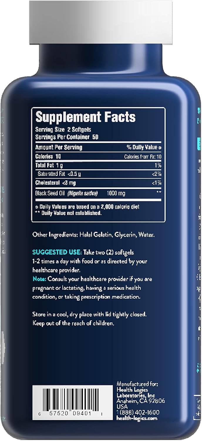 Cold Pressed Black Seed Oil Capsules, High in Omega 6 & 9 EFAs, 100 Soft Gels from Nigella Sativa by Health Logics