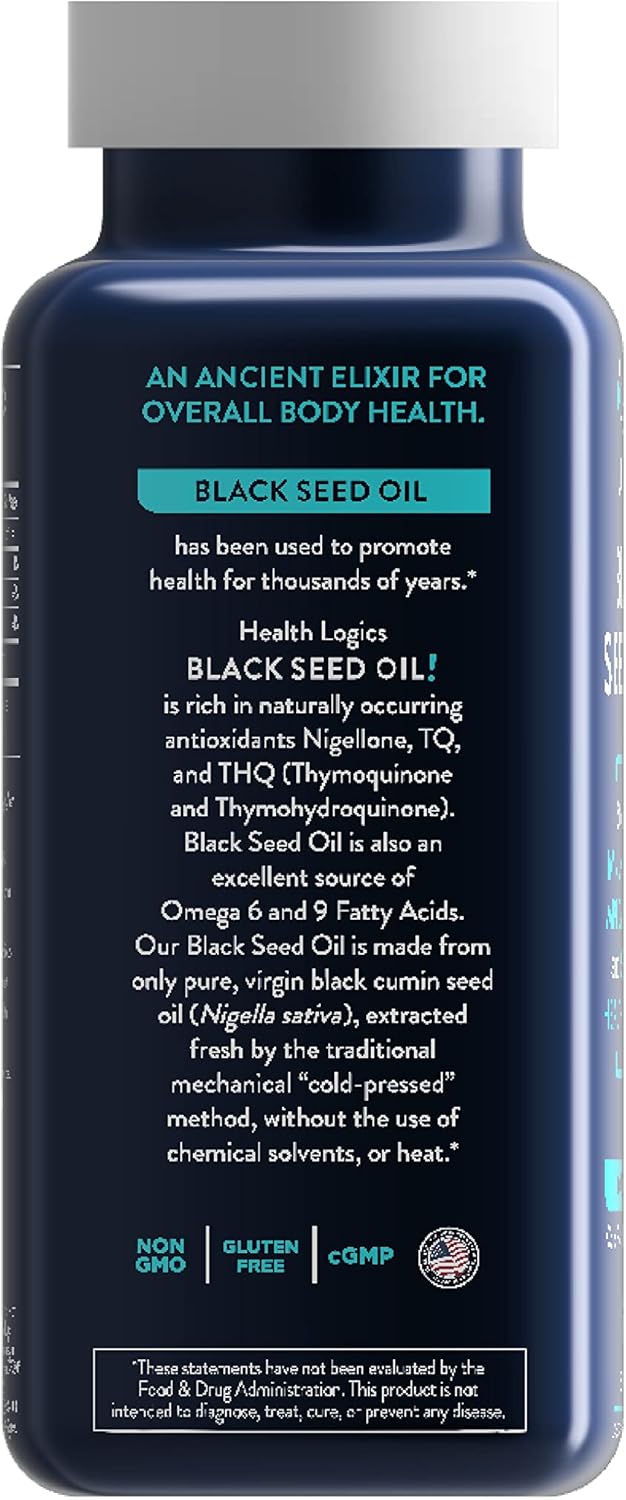 Cold Pressed Black Seed Oil Capsules, High in Omega 6 & 9 EFAs, 100 Soft Gels from Nigella Sativa by Health Logics