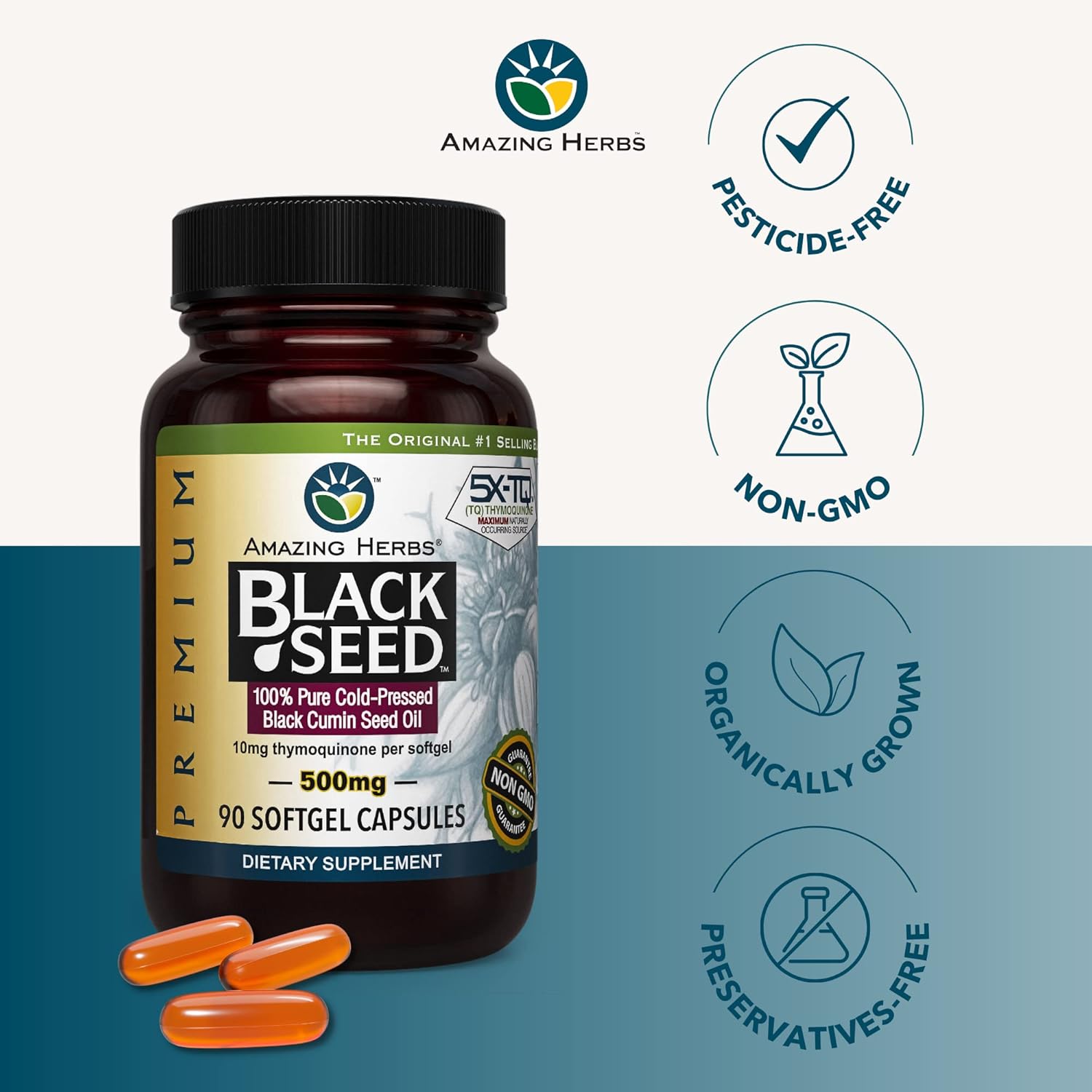 Cold-Pressed Black Seed Oil Softgels - 500mg, 90 Count - Amazing Herbs