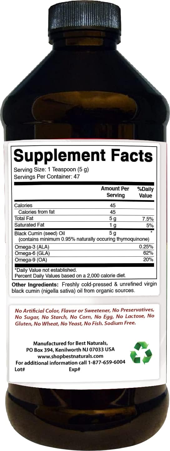 Cold Pressed Black Seed Oil with Minimum 0.95% Thymoquinone - 8 OZ - Supports Digestive Health, Immune System, Brain Function, and Joint Mobility - Gluten Free, Non GMO