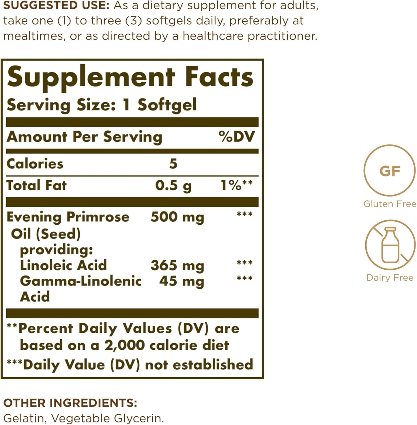 Cold Pressed Evening Primrose Oil Softgels 500mg - 90 Servings, Source of GLA - Gluten Free, Dairy Free by SOLGAR