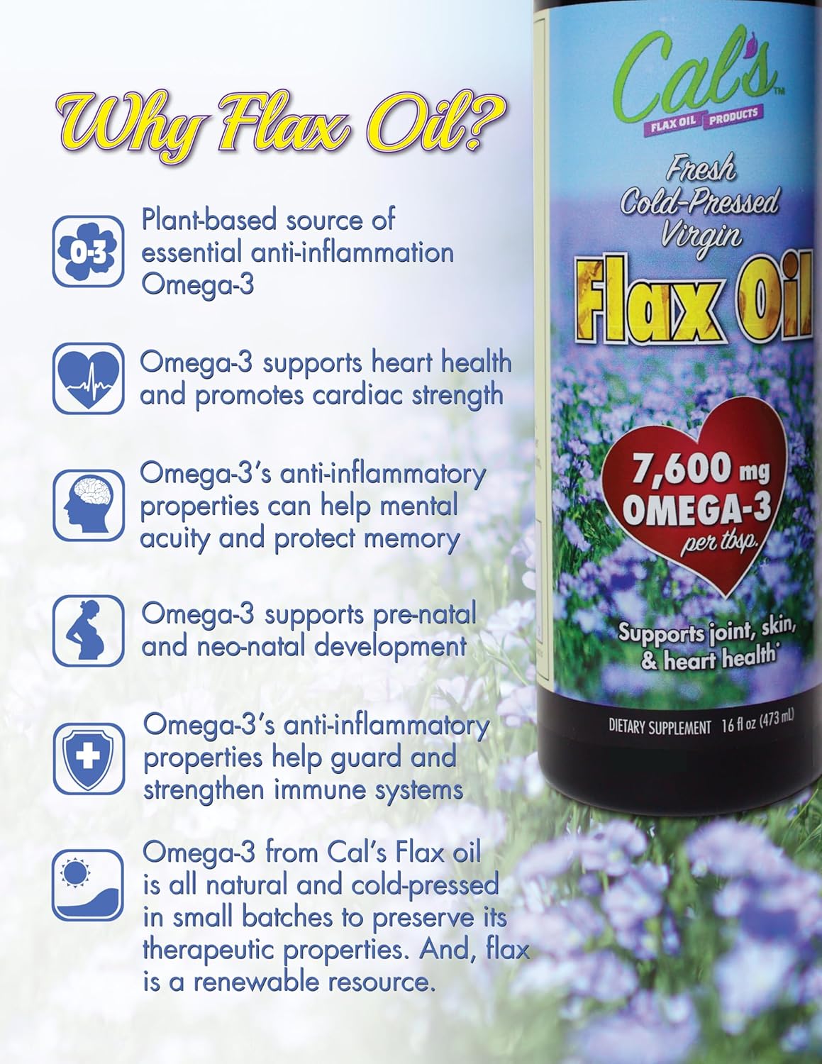 Cold-Pressed Flaxseed Oil Liquid Supplement - 16 oz Bottle - High Omega-3 Fatty Acids for Joint, Skin, and Heart Health