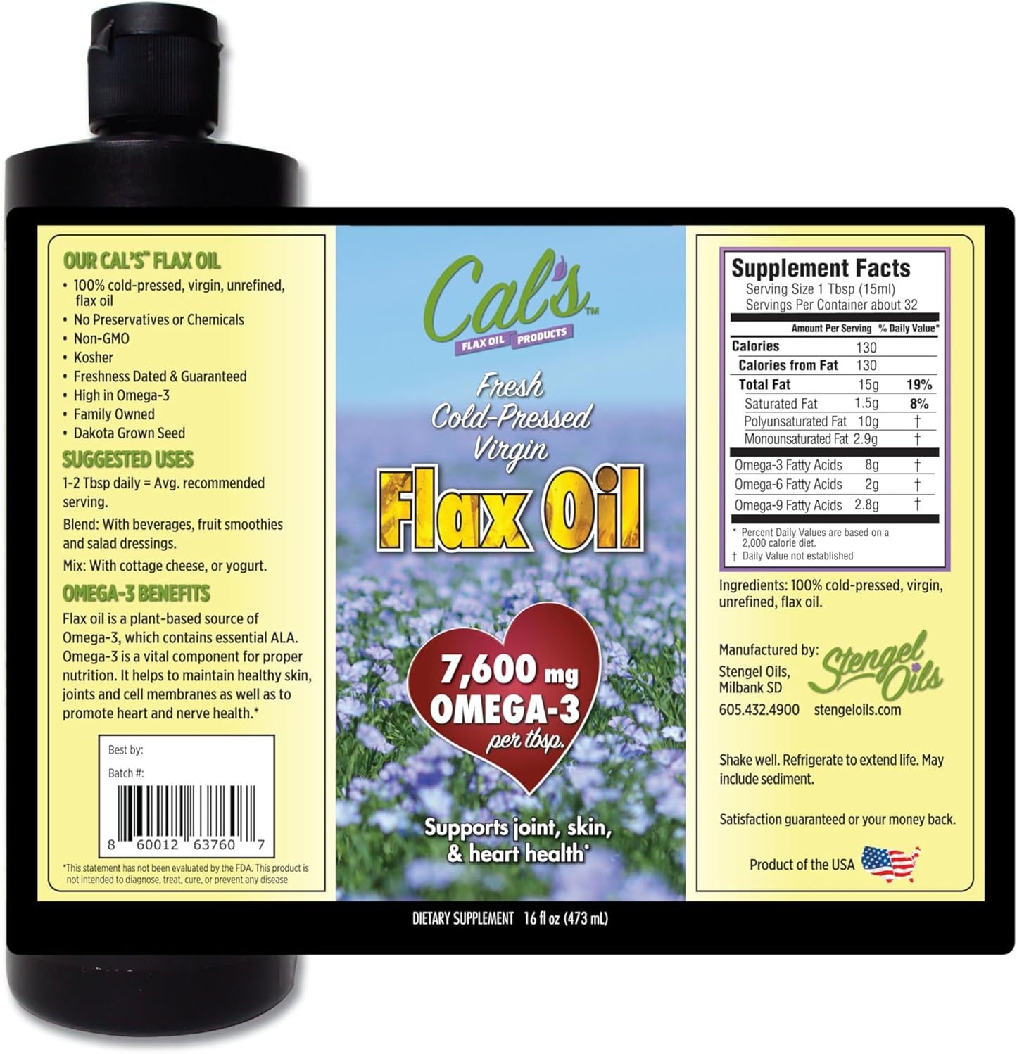 Cold-Pressed Flaxseed Oil Liquid Supplement - 16 oz Bottle - High Omega-3 Fatty Acids for Joint, Skin, and Heart Health