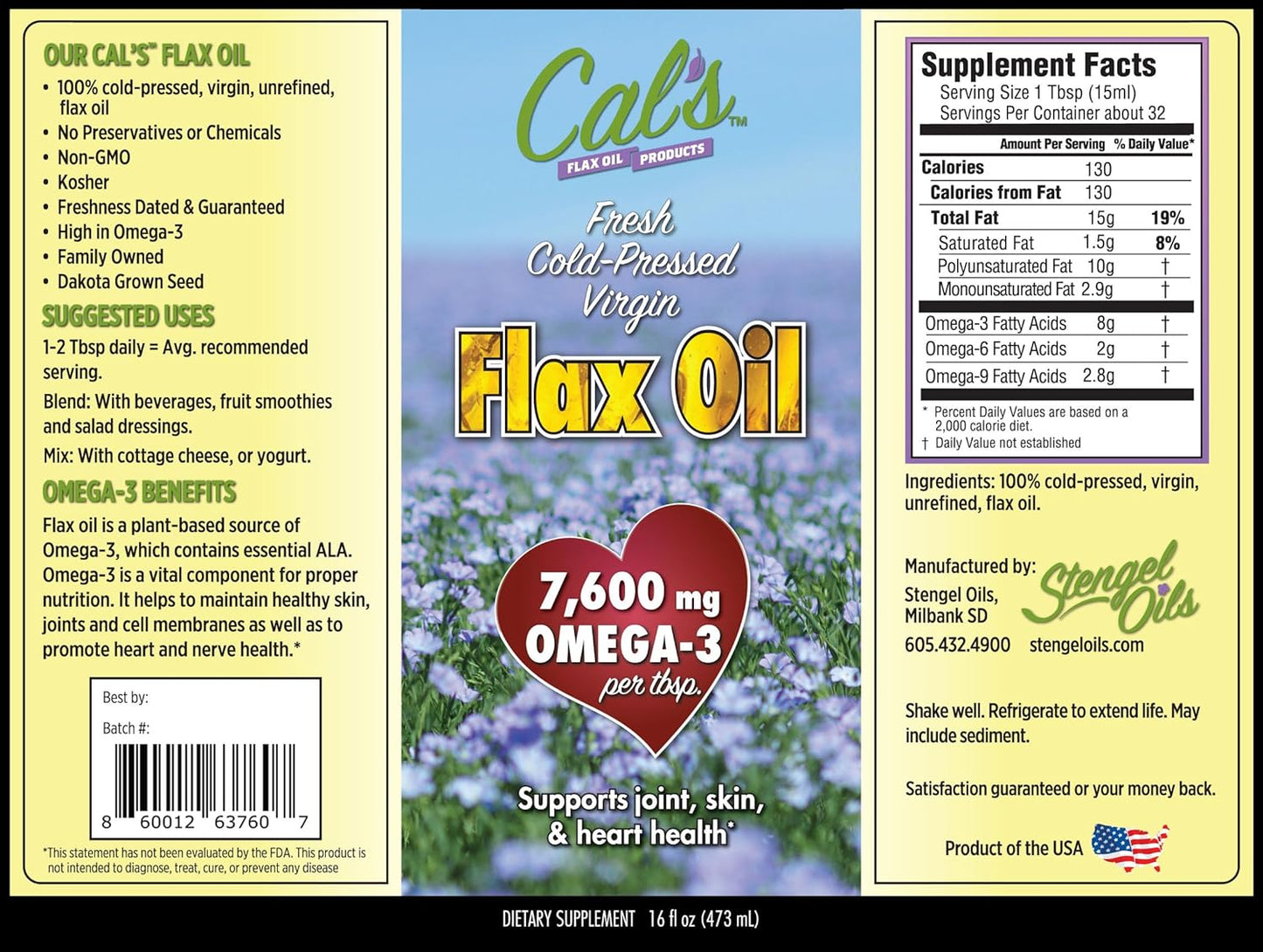 Cold-Pressed Flaxseed Oil Liquid Supplement - 16 oz Bottle - High Omega-3 Fatty Acids for Joint, Skin, and Heart Health