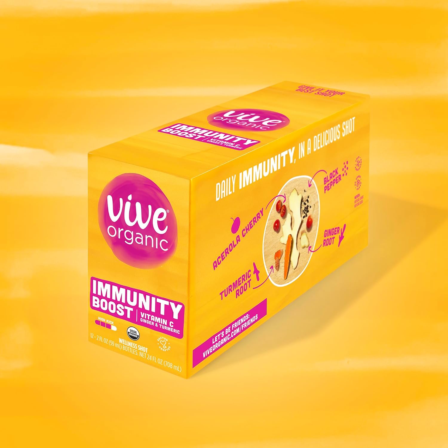 Cold-Pressed Turmeric and Ginger Immune Support Shot with Vitamin C - Vegan, Gluten Free, 2 Fl Oz (Pack of 12)