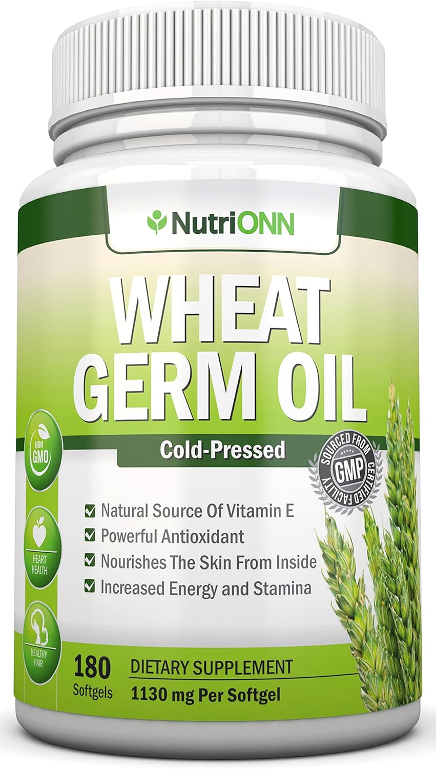Cold-Pressed Wheat Germ Oil Softgels - 180 Count, Non GMO, 1130mg, Vitamin E Source, Skin & Hair Health, Heart Support, Antioxidant, Energy Boost
