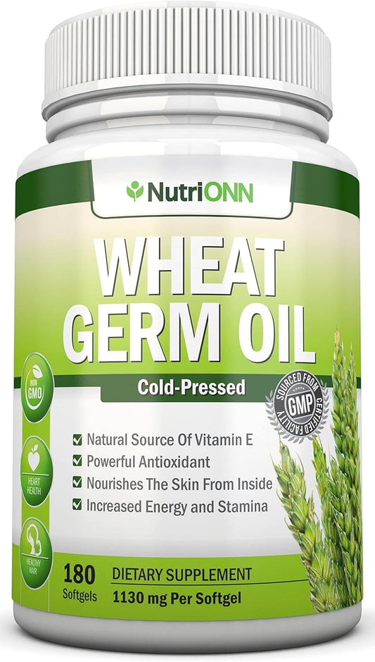 Cold-Pressed Wheat Germ Oil Softgels - 180 Count, Non GMO, 1130mg, Vitamin E Source, Skin & Hair Health, Heart Support, Antioxidant, Energy Boost
