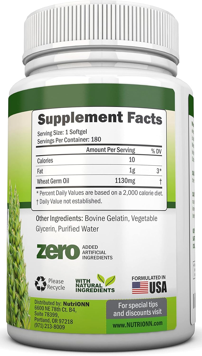 Cold-Pressed Wheat Germ Oil Softgels - 180 Count, Non GMO, 1130mg, Vitamin E Source, Skin & Hair Health, Heart Support, Antioxidant, Energy Boost