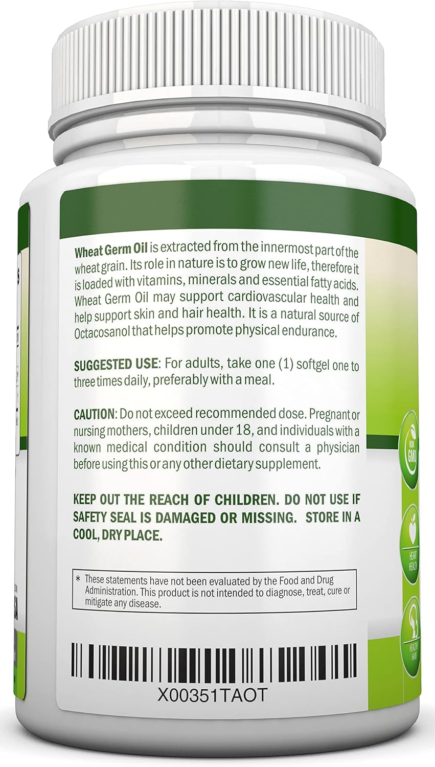 Cold-Pressed Wheat Germ Oil Softgels - 180 Count, Non GMO, 1130mg, Vitamin E Source, Skin & Hair Health, Heart Support, Antioxidant, Energy Boost