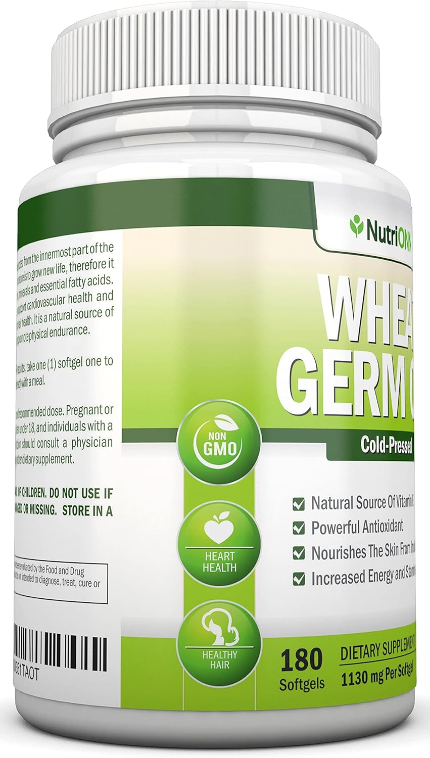 Cold-Pressed Wheat Germ Oil Softgels - 180 Count, Non GMO, 1130mg, Vitamin E Source, Skin & Hair Health, Heart Support, Antioxidant, Energy Boost