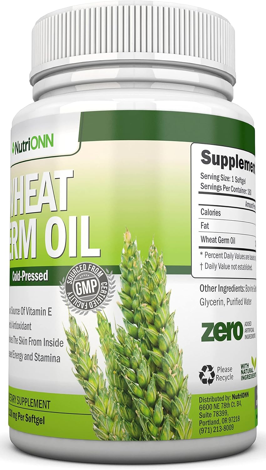 Cold-Pressed Wheat Germ Oil Softgels - 180 Count, Non GMO, 1130mg, Vitamin E Source, Skin & Hair Health, Heart Support, Antioxidant, Energy Boost