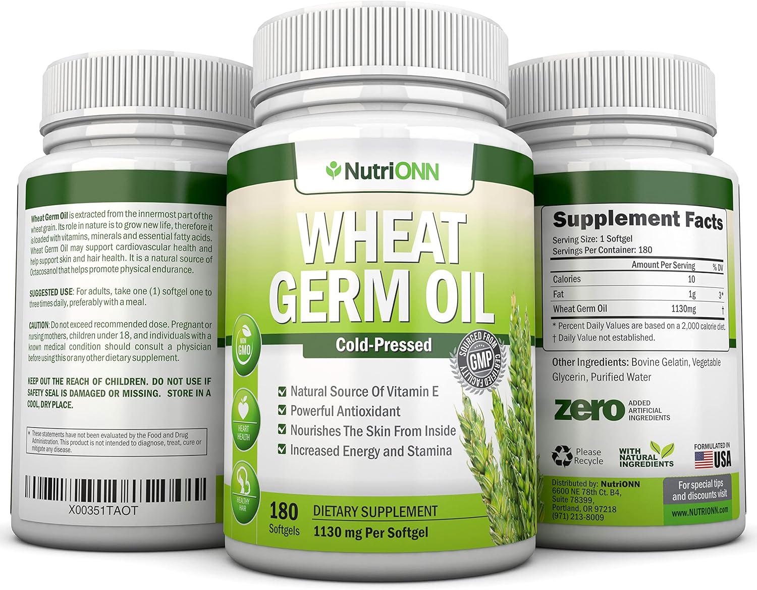Cold-Pressed Wheat Germ Oil Softgels - 180 Count, Non GMO, 1130mg, Vitamin E Source, Skin & Hair Health, Heart Support, Antioxidant, Energy Boost