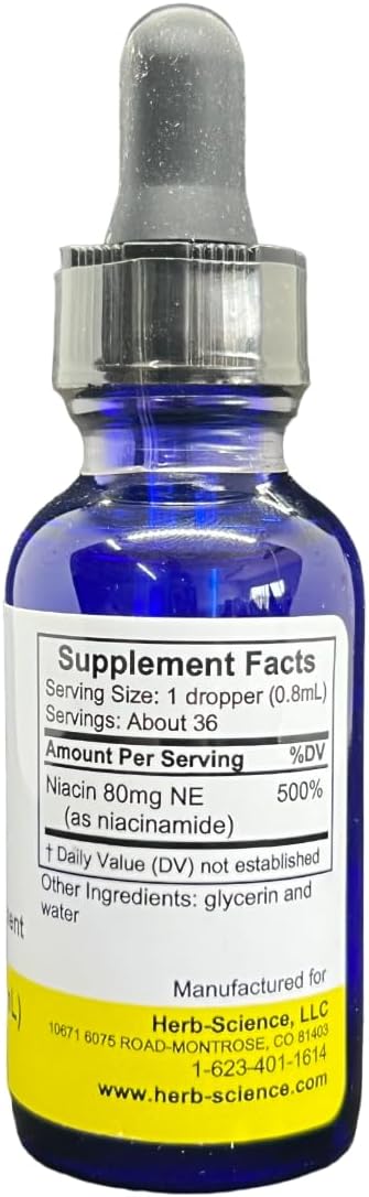 Cold Processed Herb-Science Liquid Vitamin B3 Drops for Tongue & Skin Health, Vegan Niacin Supplement - Quality Tested, Non-Alcoholic - 1 Fl. Oz