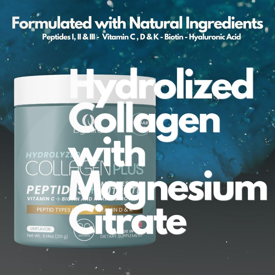Collagen and Magnesium Supplement for Joint Health, Digestive Support, and Hair Growth with Vitamins C, D, and K - Byblite Hydrolyzed Collagen with Peptides I, II, III, Hyaluronic Acid, Biotin, and Nail Strengthening